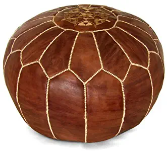 Mina Stuffed Moroccan Leather Pouf Ottoman, Many Colors Available, 20" Diameter and 13" Height (Brown)