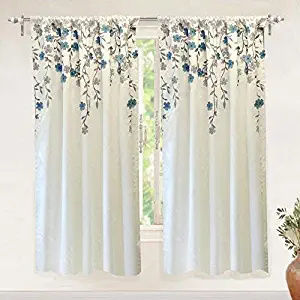 DriftAway Isabella Faux Silk Embroidered Window Curtain Embroidered Crafted Flower Lined with Thermal Fabric Single Panel 50 Inch by 63 Inch Ivory Blue