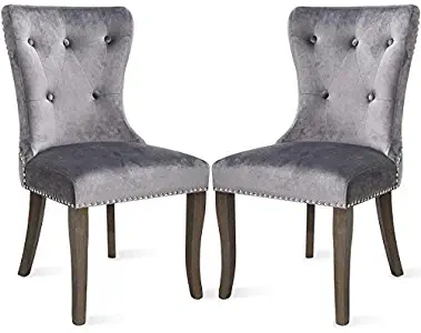Dining Chairs Set of 2, Upholstered Accent Chair Button Tufted Armless Chair with Nailhead Trim and Back Ring Pull, Velvet Grey