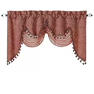 GoodGram Ultra Elegant Clipped Jacquard Georgette Fringed Window Valance with an Attached Sheer Swag Assorted Colors (Spice)