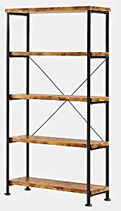 BUkk Metal Frame Bookcase - Bookcase with 4 Wood Shelves - Antique Nutmeg/Black