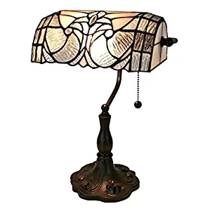 Tiffany Style Table Lamp Banker 14" Tall Stained Glass White Grey Vintage Antique Light Décor Nightstand Living Room Bedroom Handmade Gift AM250TL10 Amora Lighting