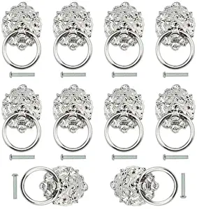 TOVOT 10 pcs Dresser Drawer Cabinet Door Ring Head Pulls Antique Lion Head Pulls Knob (Silver)