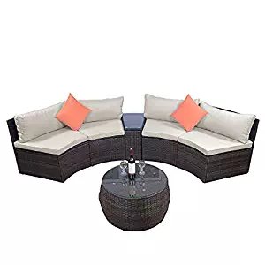 LZ LEISURE ZONE 6-Piece Outdoor Patio Sofa Furniture Sets, Half-Moon Sectional Furniture Wicker Sofa Set with Two Pillows and Coffee Table (Beige)