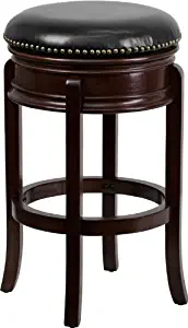 Flash Furniture 29'' High Backless Cappuccino Wood Barstool with Carved Apron and Black Leather Swivel Seat