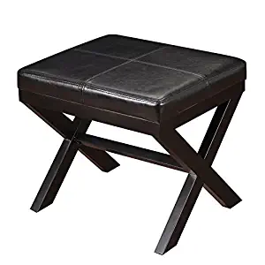 Adeco FT0010 Black Bonded Leather Contrast Stitch Ottoman x-Shaped Legs 19.25x16.5 Footstool Bench, 19-1/4"L 16-1/2"W 17-1/2"H,