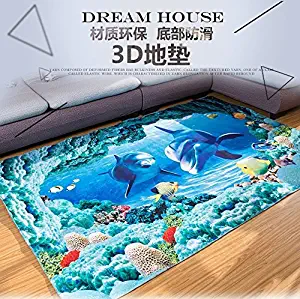 Blue Sea Theme Dolphin 3D Ocean Dolphin Fishes Pattern Blue Bathroom Floor Carpet - Flannel carpet Water and Skid Resistant Kids Home Decoration