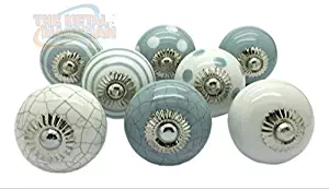 Set of 8 Grey & White Ceramic Door Knobs Vintage Cupboard Drawer Pull Handles by The Metal Magician