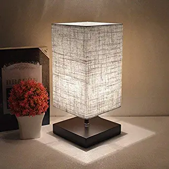 LED Fabric Bedside Table Lamp, Square Minimalist Solid Wood Table Lamp, Bedside Desk Lamp Nightstand Lamp with Flaxen Fabric Shade for Bedroom, Living Room, Kids Room, College Dorm, Coffee Table(Grey)