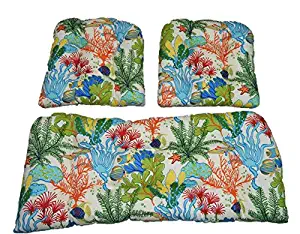 Resort Spa Home Decor 3 Piece Wicker Cushion Set - Splish Splash Ocean Coral Reef Tropical Fish Indoor/Outdoor Fabric Cushion for Wicker Loveseat Settee & 2 Matching Chair Cushions