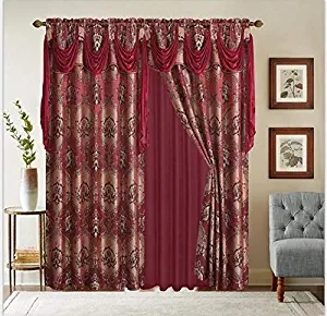 Sapphire Home Jacquard Window 84 Inch Length Curtain Drapes w/Attached Valance Scarf + Sheer Backing + 2 Tassels, Traditional 84" Floral Curtain Drape for Living/Dining Rooms, Rod Pocket - Burgundy