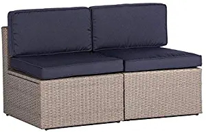 SOLAURA Outdoor Furniture Sectional Sofa Conversation Set 2 Additional Chairs Gray Wicker with Nautical Navy Blue Cushions