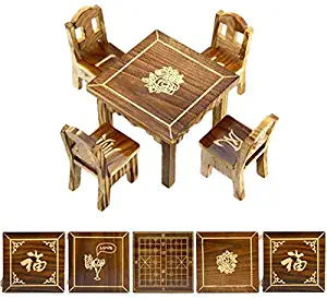 EatingBiting（R） 5 Pack Set Random Pattern 1:12 Dollhouse Miniature Furniture Mini Dining Room 1 Table and 4 Chair Wooden DIY Hand-Made desks Table Chairs Carving Means May All Your Wishes Come True