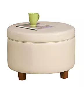 HomePop Round Leatherette Storage Ottoman with Lid, Ivory