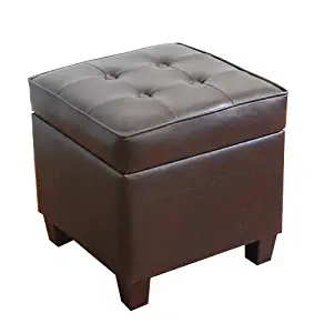 HomePop Leatherette Tufted Square Storage Ottoman with Hinged Lid, Brown