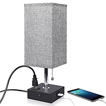Nightstand Lamp Built in USB Charging Port & Power Outlet, Grey Square Fabric Shade & Modern Table Lamp-Great for Living Room Bedside Nightstand Light(Black Base)