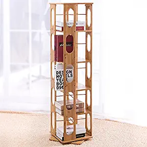 Clevr 5 Tier 57.5" Natural Bamboo Bookshelf Revolving Bookcase,100% Natural Bamboo, 360 Rotating Organizer Cabinet Rack, Holds Up to 300 DVD's or Books, Spinning Design, Removable Adjustable Divider