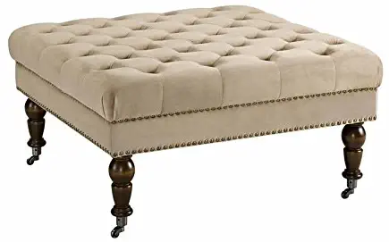 Linon Isabelle Tan Velvet Square Tufted Ottoman