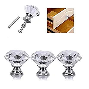 DNHCLL 3Pcs Diamond Cut Clear Crystal Glass Drawer Wardrobe Kitchen Door Knob Cabinet Pull Door Handle Cupboard Hardware with Screws (30mm, Clear)