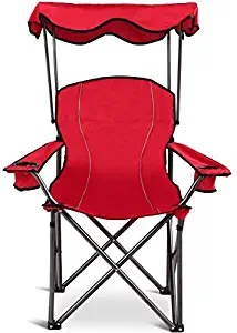 Goplus Folding Beach Chair w/Canopy Heavy Duty Camping Chair Durable Outdoor Seat w/Cup Holder and Carry Bag