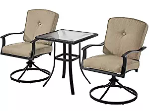 Patio Bistro Set Seats 2 Cushioned Swivel Chairs Outdoor Small Space Deck Porch (Tan)