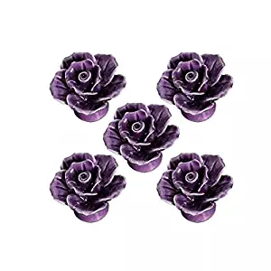 CSKB Purple 5 PCS 40mm Round Rose Ceramic Door Knob follow pattern lovely Handle Pull Knobs Door Cupboard Locker for kid's room Drawer,Cabinet,Chest, Bin, Dresser, Cupboard, Etc with Screws