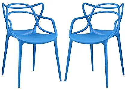 Modway Entangled Modern Molded Plastic Two Kitchen and Dining Room Arm Chairs in Blue - Fully Assembled