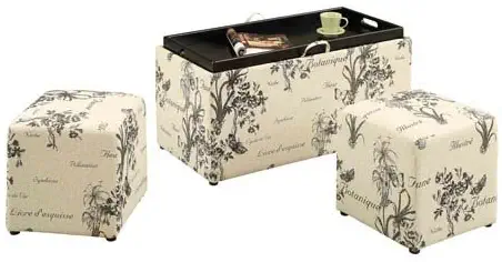 Convenience Concepts Designs4Comfort Sheridan Storage Bench with Two Side Ottomans, Botanical Print
