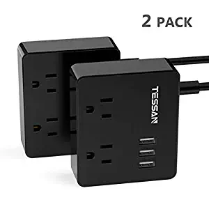 TESSAN Portable 2 Outlet Travel Power Strip with 3 USB Ports Desktop Charging Station 5 Ft Extension Cord,Compact for Cruise Ship,Nightstand-Black (2 Pack)