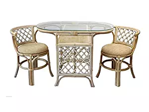 Borneo Compact Dining Set Table with Glass Top +2 Chairs White Wash Handmade Natural Wicker Rattan Furniture