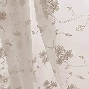 Sheer Curtains for Living Room Embroidered Voile Window Curtain with Floral Design 84 inch Bedroom Kitchen Rod Pocket Window Treatment Sets 1 Pair Taupe