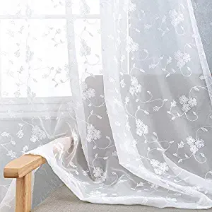 Sheer Curtains for Living Room Floral Embroidery 84 inch Long Rustic White Voile Window Curtain Drpaes for Bedroom Rod Pocket 2 Panels