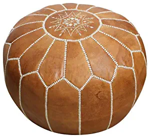 Handmade Morocco Moroccan Leather Pouf Ottoman, 20" Diameter 13" Height (Tan Brown White Stitches) …