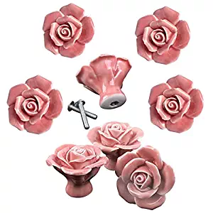 Knobs, 8Pcs Elegant Pink Rose Pulls Flower Ceramic Cabinet Knobs Cupboard Drawer Pull Handles + Scre