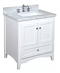 Kitchen Bath Collection KBC3830WTCARR Abbey Bathroom Vanity Set with Marble Countertop, Cabinet with Soft Close Function and Undermount Ceramic Sink, Carrara/White, 30"