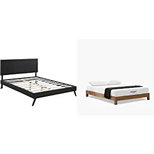 Modway Phoebe Queen Vinyl Platform Bed with Round Splayed Legs in Black with Modway Aveline 8" Gel Infused Memory Foam Queen Mattress With CertiPUR-US Certified Foam