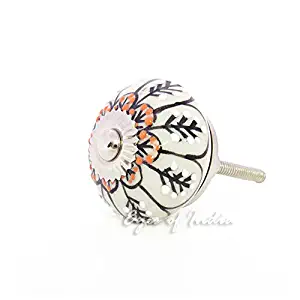 Eyes of India - Set of 2 Black White Peach Ceramic Dresser Cabinet Cupboard Door Knobs Pulls Shabby Chic Decorative Colorful Boho Bohemian