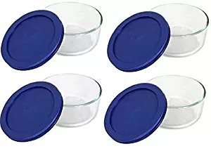Pyrex Storage 2 Cup Round Dish, Clear with Blue Lid, Pack of 4 Containers