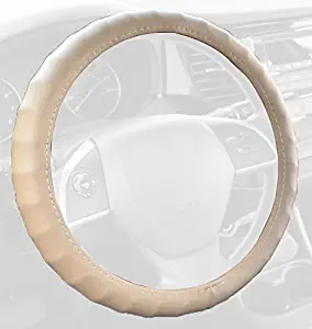 BDK SW899 Beige (13.5-14.5) Leather Car Steering Wheel Cover 13.5"-14.5" (Small/Tan Universal Fit, Easy Installation, Max Protection