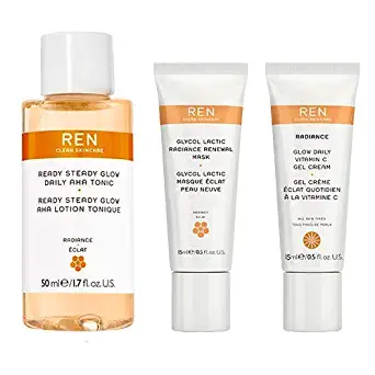 REN Clean Skincare Glow on the Go Travel 3-Piece Kit ($40 Value) Includes Travel-Size Ready Steady Glow Tonic, Glow Daily Vitamin C Gel Cream & Glycol Lactic Radiance Renewal Mask