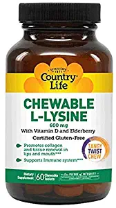 Country Life Chewable L-Lysine 600mg - 60 Tabs - Supports Immune Health - Supports Natural Collagen Production - Vitamin D - Elderberry - Great Taste