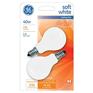 GE Soft White 71394 40-Watt, 230-Lumen A15 Light Bulb with Candelabra Base, 2-Pack