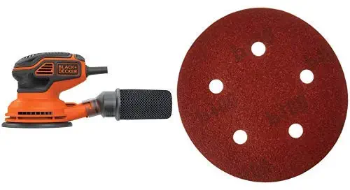 BLACK+DECKER BDERO600 Random Orbit Sander with Paddle Switch Actuation with PORTER-CABLE 735501025 5-Inch Hook & Loop Sandpaper, 100 Grit with 5 Holes (25-Pack)