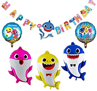 Baby Cute Shark Party Supplies Decorations Set, 1 Pack Shark Birthday Banner and 5 Piece Shark Theme Foil Balloons for Kid Birthday Baby Shower Event Décor