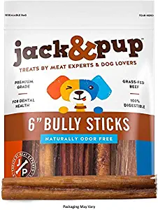 Jack&Pup 6-inch Premium Grade Odor Free Bully Sticks Dog Treats [Extra-Thick] – 6” Long All Natural Gourmet Dog Treat Chews – Fresh and Savory Beef Flavor – 30% Longer Lasting