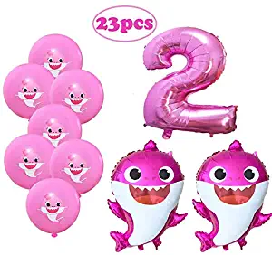 Eosolar Set of 23 Pink 2nd Birthday Baby Shark Helium Balloons ,2 Cute 26 Inch Pink Baby Shark Balloons,20 Pcs 12 Inch Pink Shark Latex Balloons,1pcs 32inch 2 Balloon ,Shark Second Birthday Party Decorations Baby Girls Two Birthday Shark Theme Party Decor Supplies