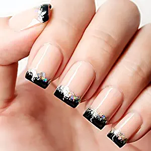 YUNAI French Fake Nail Nude Nails with Black and Glitter Top Artificail Nails for Daily Wear Medium-Long Size Nails