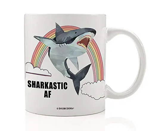 Sharkastic AF Mug Funny Rainbow Shark Meme Graphic Novelty Gift Great White Animal Lover Sarcastic Women Friend Sarcasm Saying Fun Snarky Woman Trendy Porcelain 11 oz Ceramic Coffee Cup Digibuddha