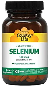 Country Life Selenium 100mcg Clean Super Antioxidant & Immune Health Support Supplement - Essential Trace Mineral Bioactive Form - Yeast-Free, Gluten-Free, Vegan - 180 Tablets