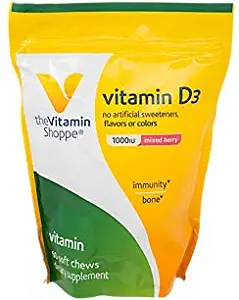 The Vitamin Shoppe D3 1,000IU Mixed Berry Flavored Chews, Supports Bone Immune Health, Aids in Cellular Growth Calcium Absorption, Gluten Free Once Daily Formula (60 Soft Chews)